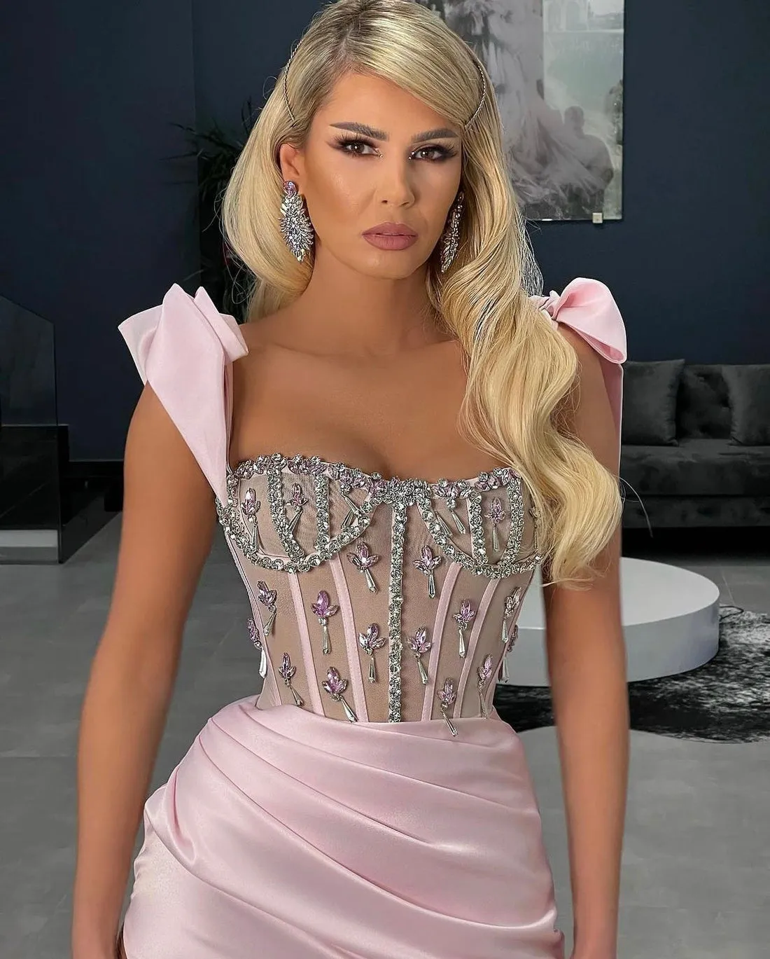 Amelia  Stones Crystals Pink Long Evening Dress
