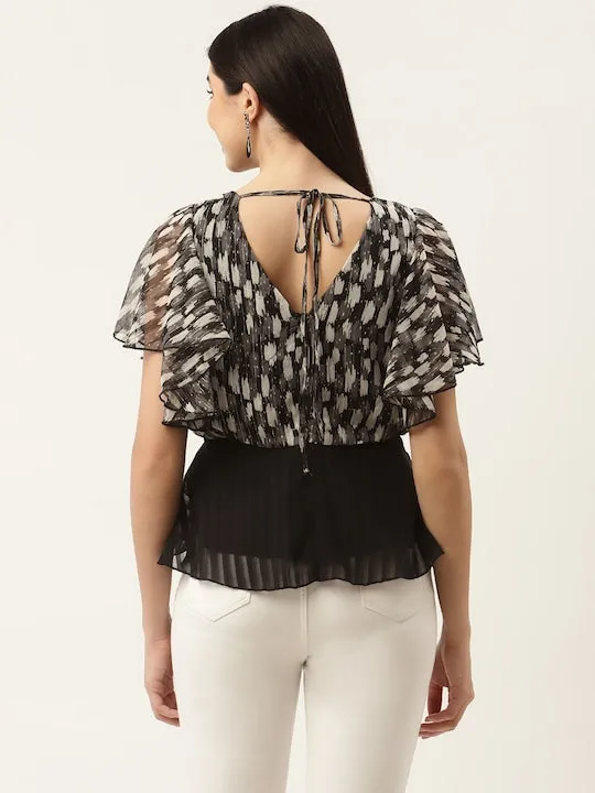 Black & Grey Print Georgette Peplum Top