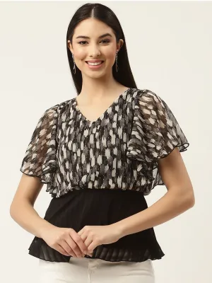 Black & Grey Print Georgette Peplum Top