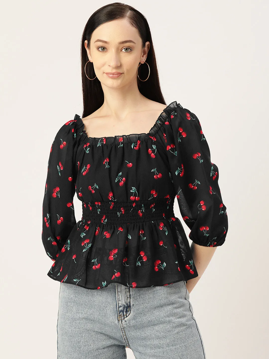 Black Conversational Print Georgette Peplum Top