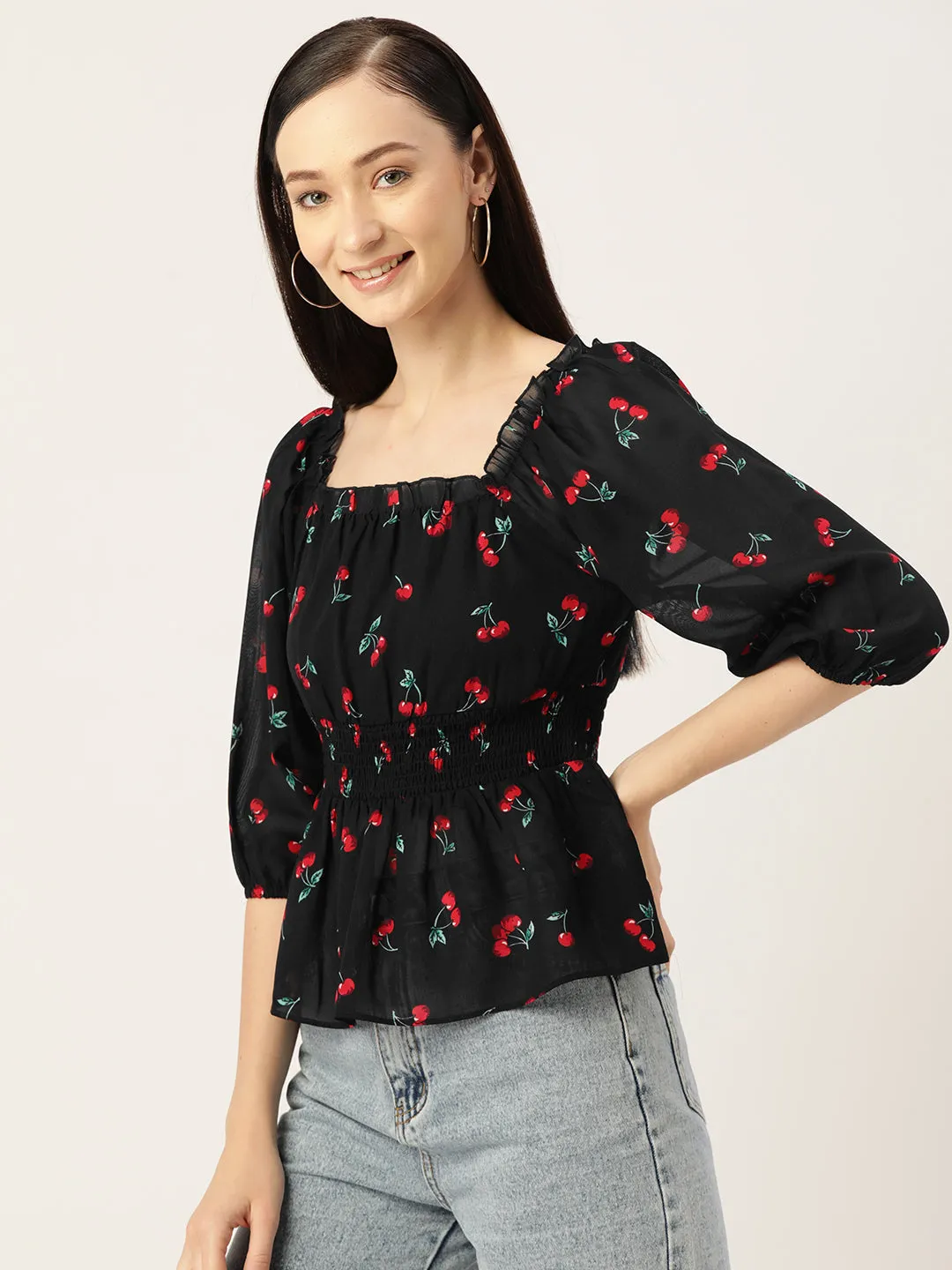 Black Conversational Print Georgette Peplum Top