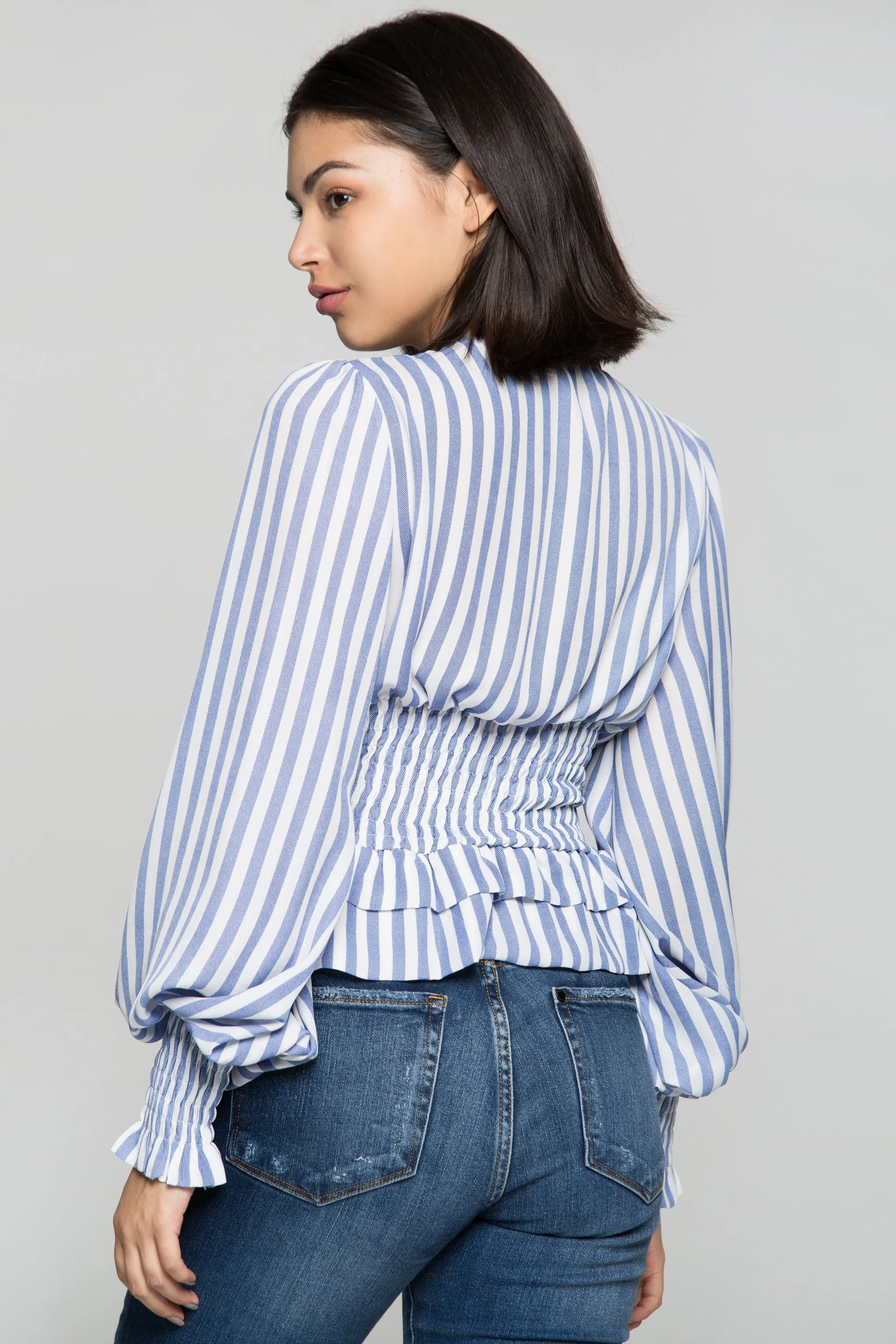 Blue and White Striped Smocked Waist Ruffles Peplum Top