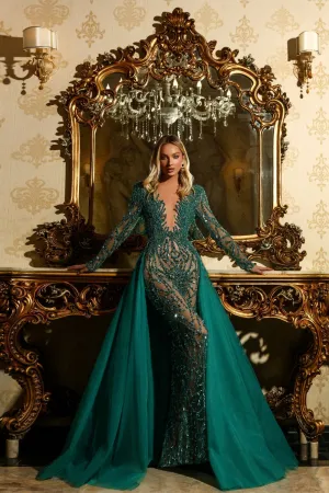 Elise  Elegant Long Sleeves Green Evening Dress