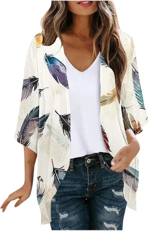 Kimonos for Women Comfy Beach Cover up Sheer Loose Open Front Cardigan Tops Blouse Summer Vacation Outfits