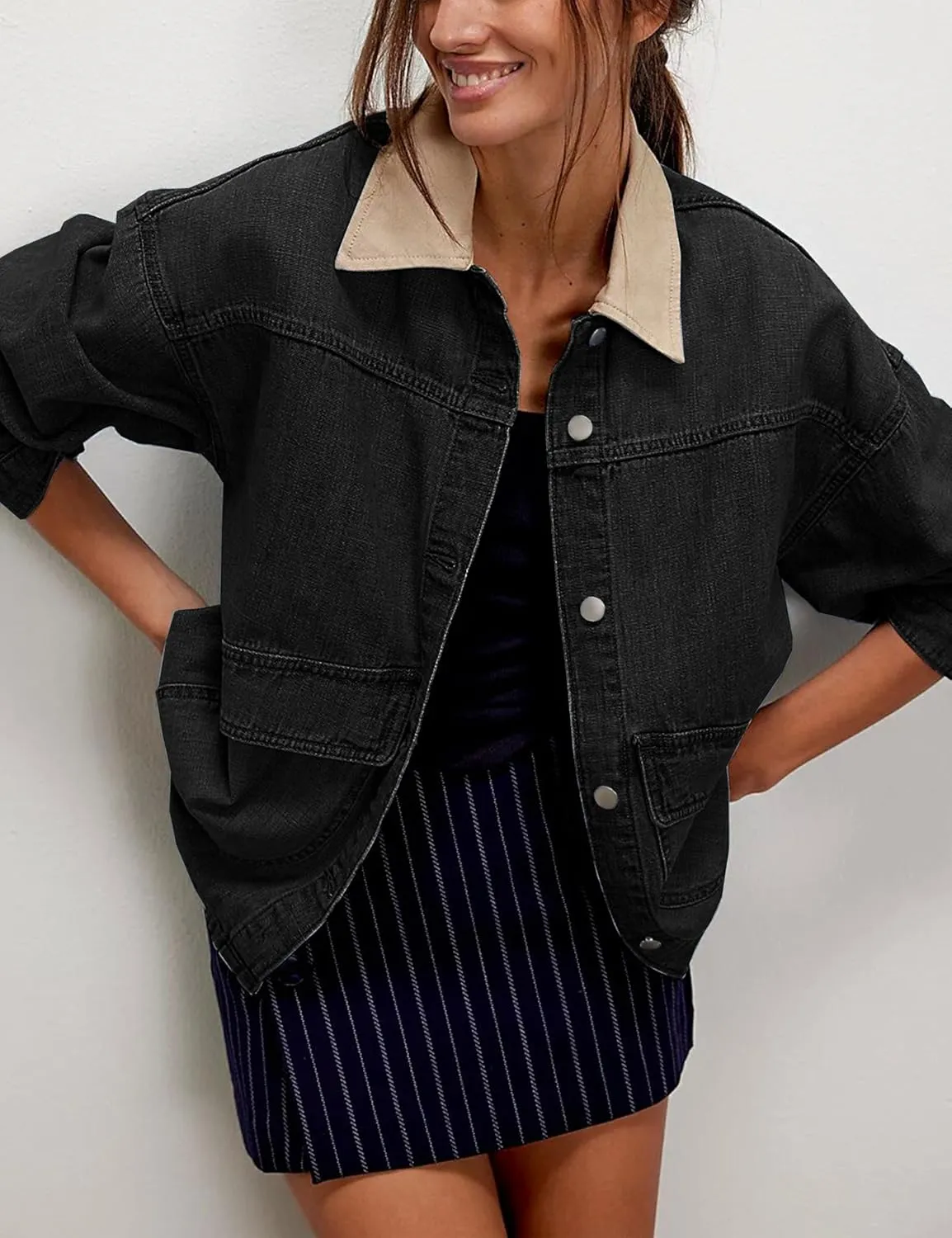 Lumister Womens Jean Jacket Oversized Button Down Side Pockets Winter Long Sleeves Contrasting Demin Jacket