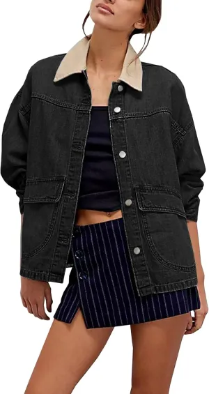 Lumister Womens Jean Jacket Oversized Button Down Side Pockets Winter Long Sleeves Contrasting Demin Jacket
