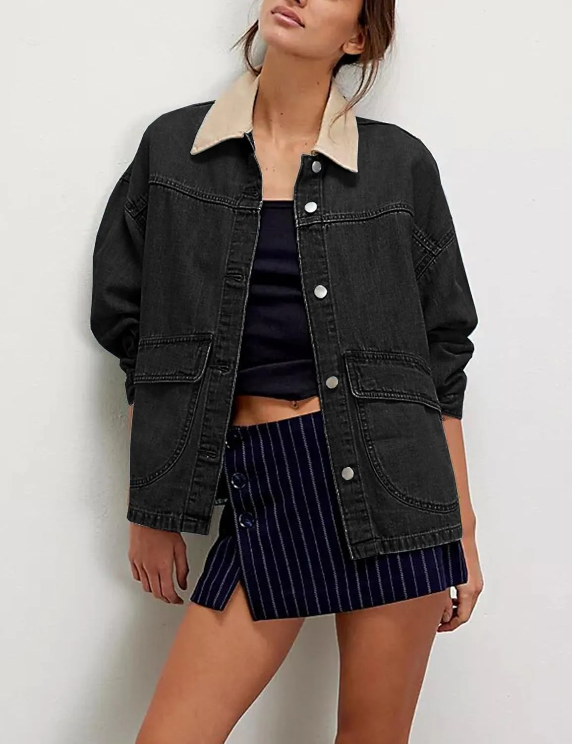 Lumister Womens Jean Jacket Oversized Button Down Side Pockets Winter Long Sleeves Contrasting Demin Jacket