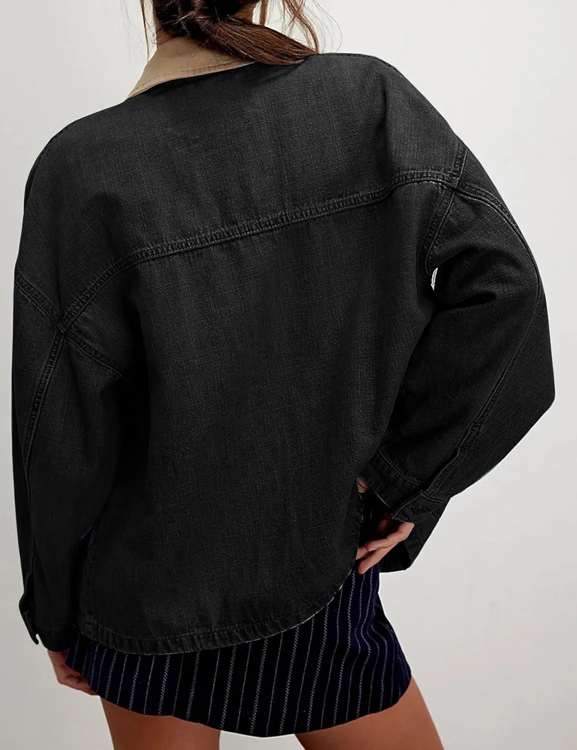 Lumister Womens Jean Jacket Oversized Button Down Side Pockets Winter Long Sleeves Contrasting Demin Jacket