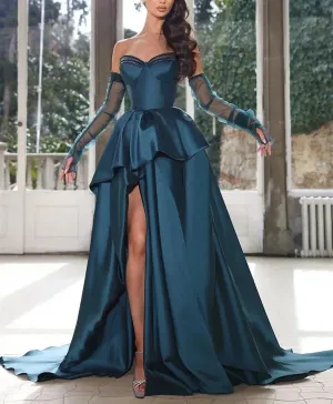 Luolandi A-Line Strapless Half Sleeves Floor-length Long Formal Evening Dresses With Split Side Without Gloves