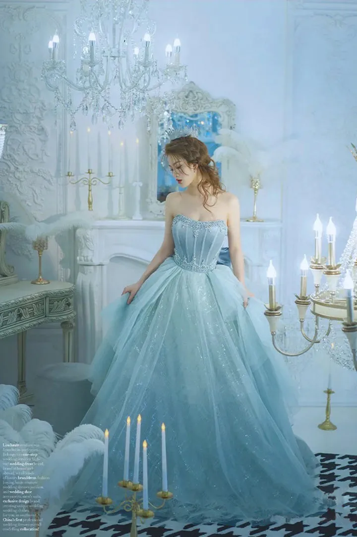Luolandi Blue Strapless Tulle Sequins Long Prom Dresses Princess Evening Dresses Off Shoulder