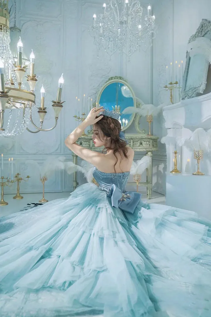 Luolandi Blue Strapless Tulle Sequins Long Prom Dresses Princess Evening Dresses Off Shoulder