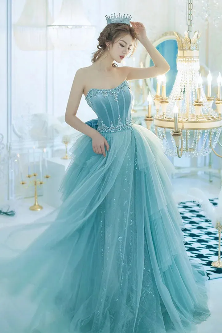 Luolandi Blue Strapless Tulle Sequins Long Prom Dresses Princess Evening Dresses Off Shoulder