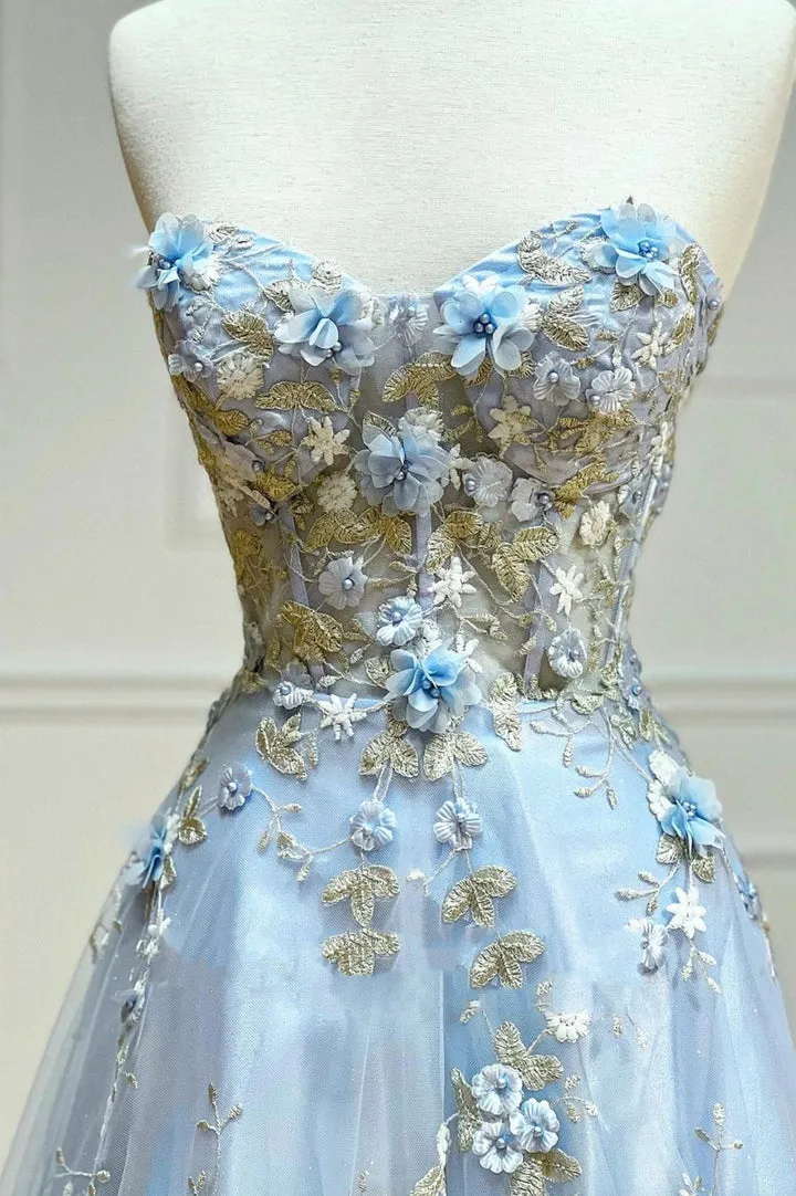 Luolandi Blue Tulle Appliques Long Prom Dresses A-Line Strapless Evening Dresses With Flowers
