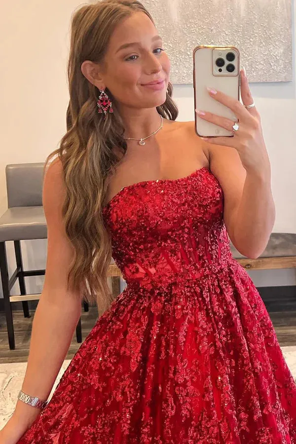 Luolandi Red A-Line Strapless Sequin Lace Prom Dresses Off Shoulder Floor Length Sparkly Evening Dress