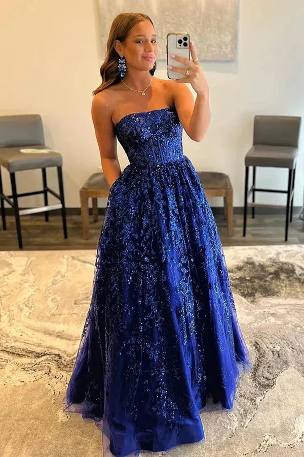 Luolandi Red A-Line Strapless Sequin Lace Prom Dresses Off Shoulder Floor Length Sparkly Evening Dress