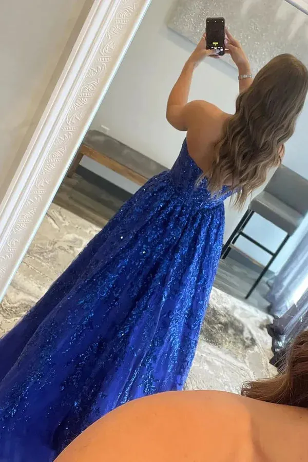 Luolandi Red A-Line Strapless Sequin Lace Prom Dresses Off Shoulder Floor Length Sparkly Evening Dress