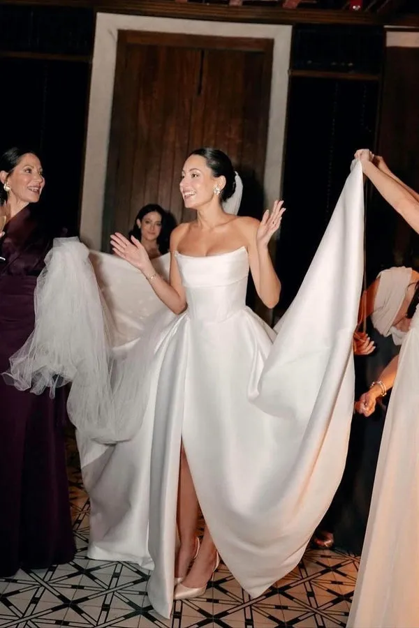 Luolandi White Strapless Satin A-Line Wedding Dresses Off Shoulder Sexy