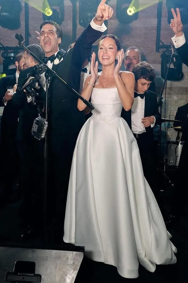 Luolandi White Strapless Satin A-Line Wedding Dresses Off Shoulder Sexy