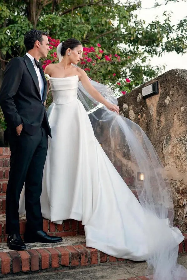 Luolandi White Strapless Satin A-Line Wedding Dresses Off Shoulder Sexy