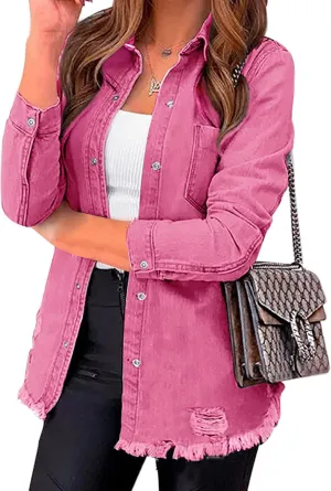 luvamia Womens Denim Jacket Distressed Button Down Jean Shirt For Women Ripped Shacket Coat