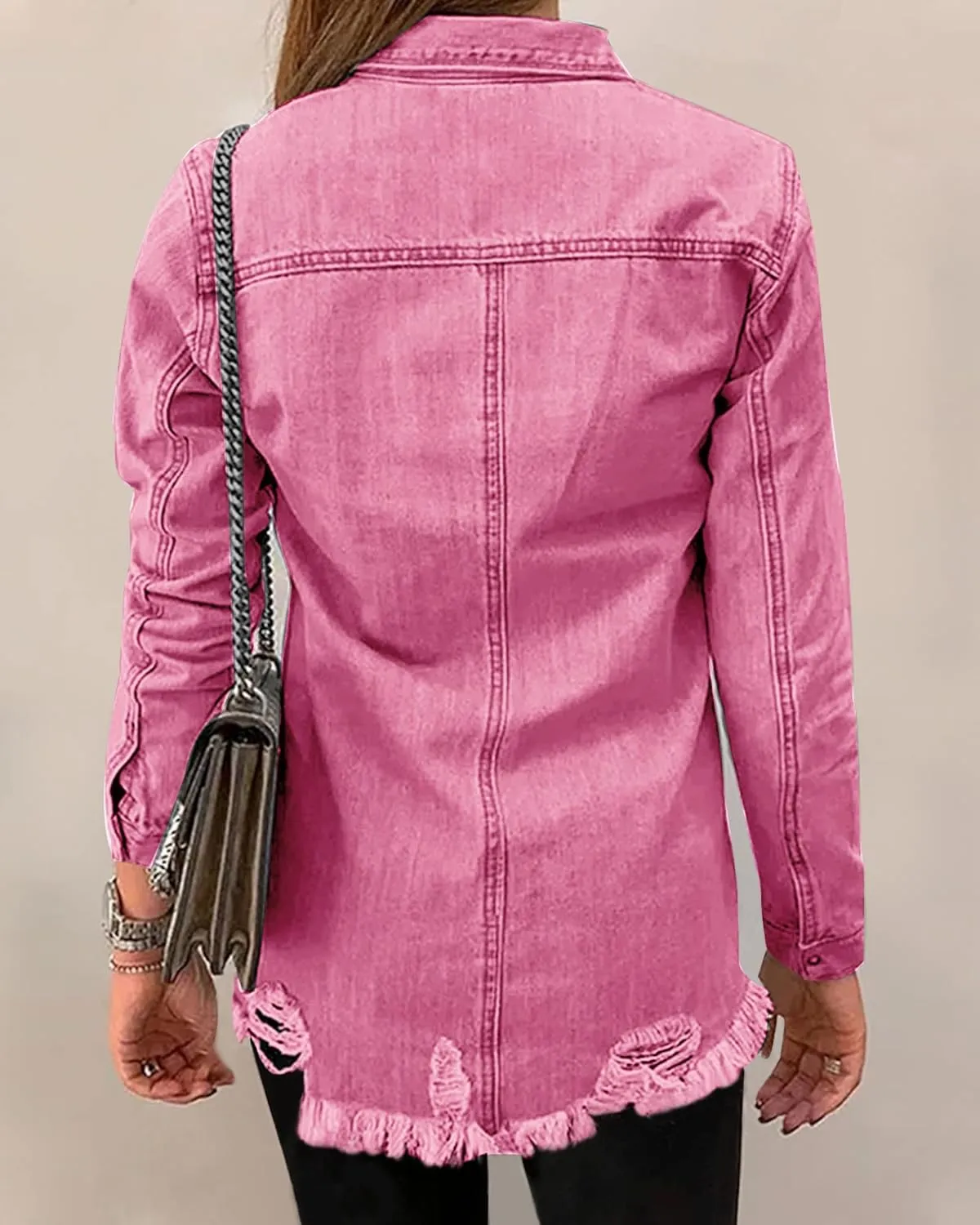 luvamia Womens Denim Jacket Distressed Button Down Jean Shirt For Women Ripped Shacket Coat