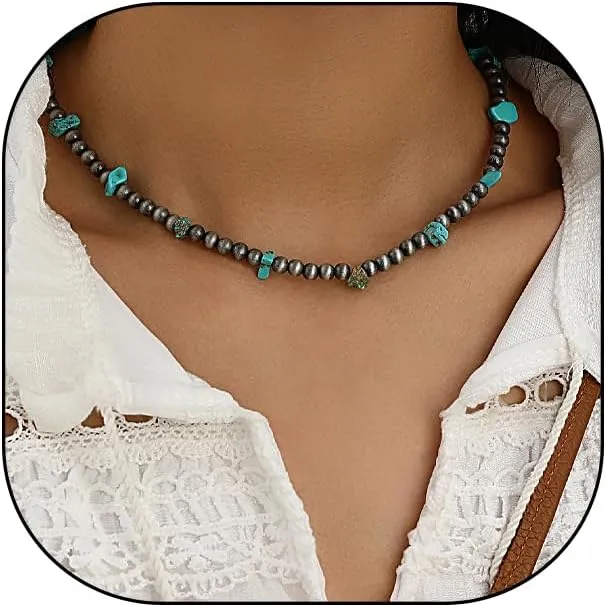 Navajo Pearls Cross Choker Necklaces, Vintage Western Cowgirl Bohemian Turquoise Necklaces, Adjustable Statement Jewelry Gifts for Women