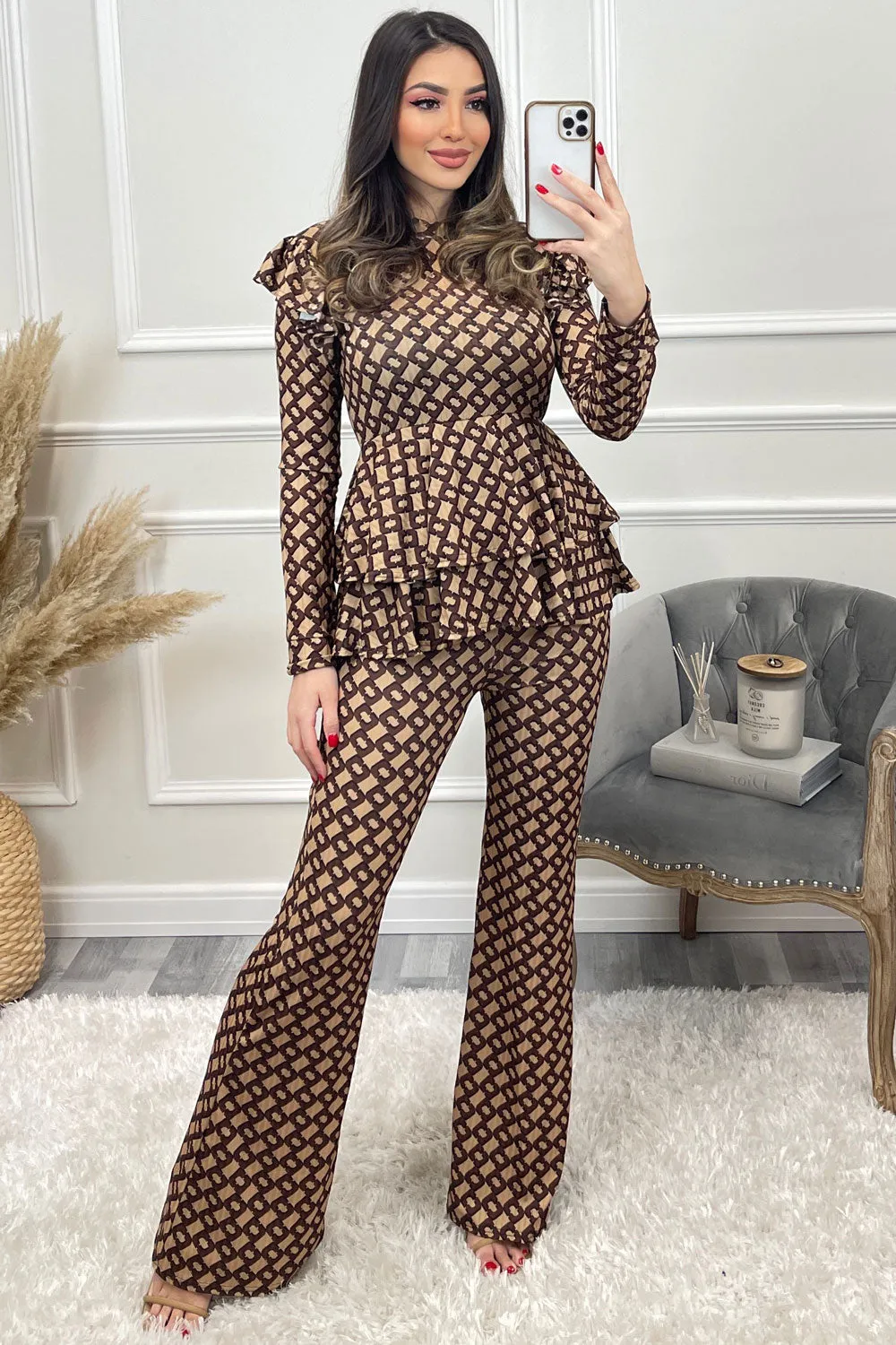 Rhea Beige and Brown Printed Frill Peplum Top and Flared Trouser Co-Ord Set