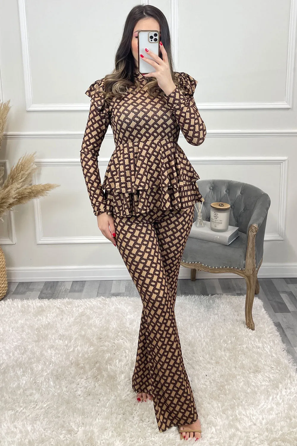 Rhea Beige and Brown Printed Frill Peplum Top and Flared Trouser Co-Ord Set