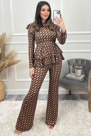 Rhea Beige and Brown Printed Frill Peplum Top and Flared Trouser Co-Ord Set