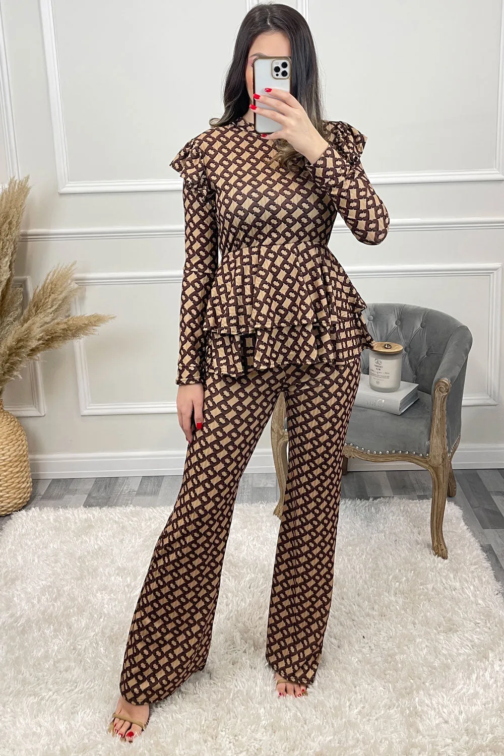 Rhea Beige and Brown Printed Frill Peplum Top and Flared Trouser Co-Ord Set