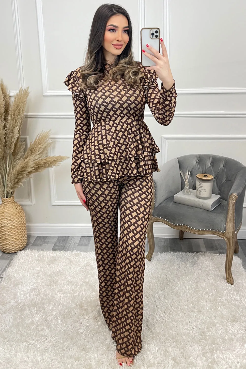 Rhea Beige and Brown Printed Frill Peplum Top and Flared Trouser Co-Ord Set