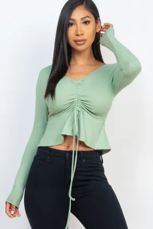 Ribbed Drawstring Front Long Sleeve Peplum Top