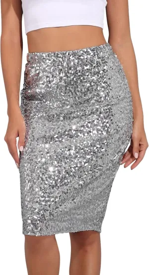 Sequin Skirt for Women, Sparkly Skirts, Sexy Glitter High Waisted Casual Midi Skirt Bodycon for Holiday/Party/Disco
