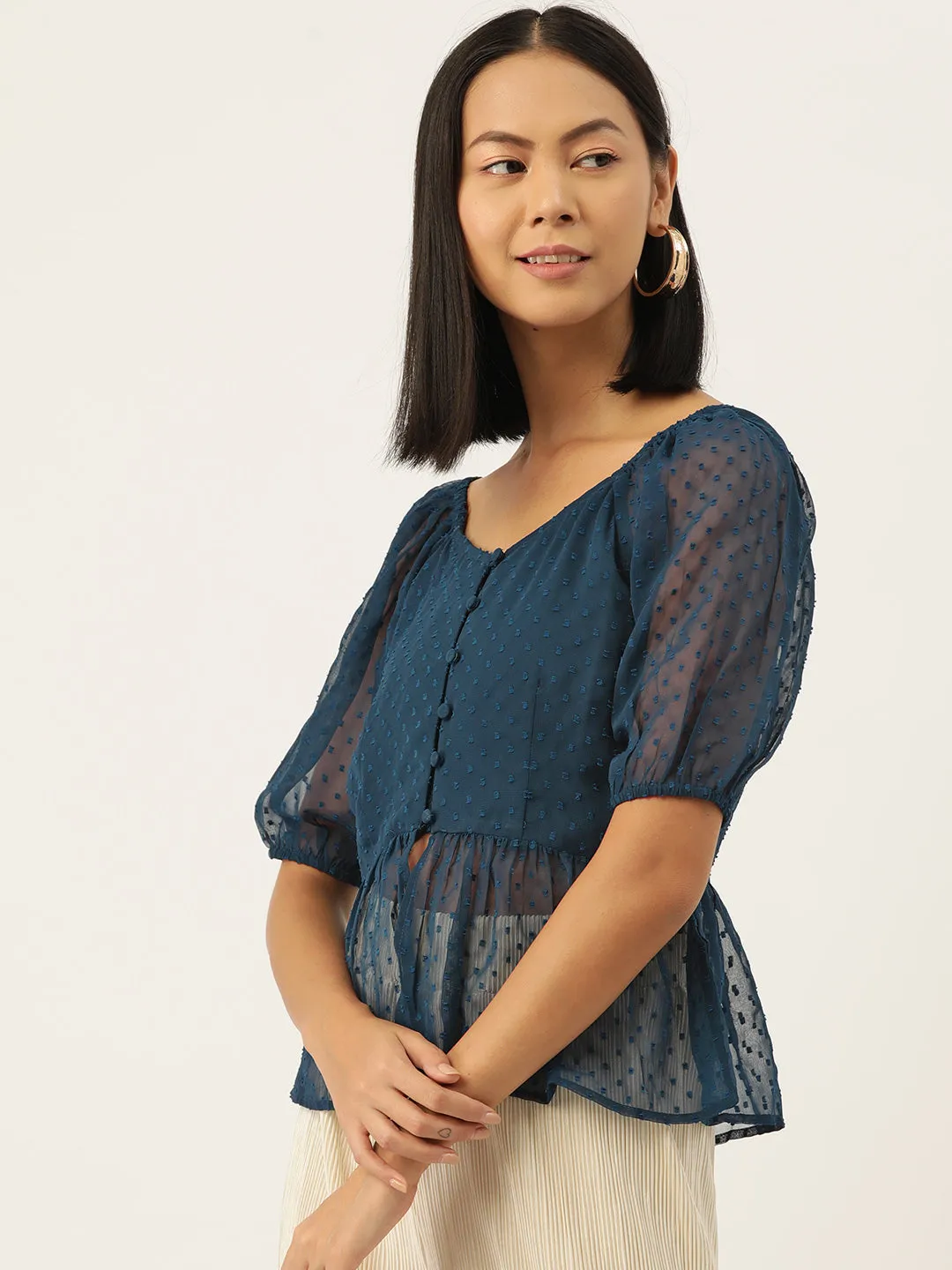 Slenor Sweetheart Neck Puff Sleeve Georgette Peplum Top