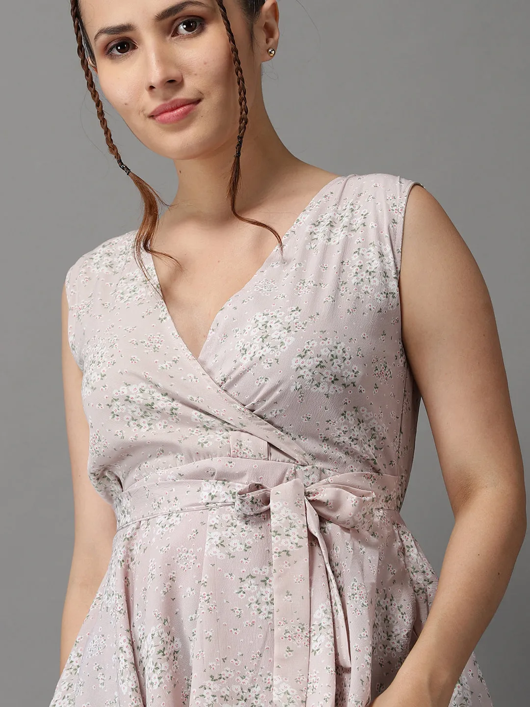 Women Beige Floral Print Georgette Peplum Top