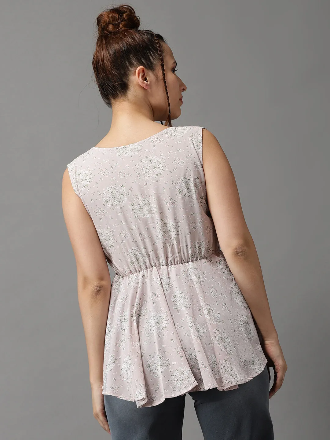 Women Beige Floral Print Georgette Peplum Top