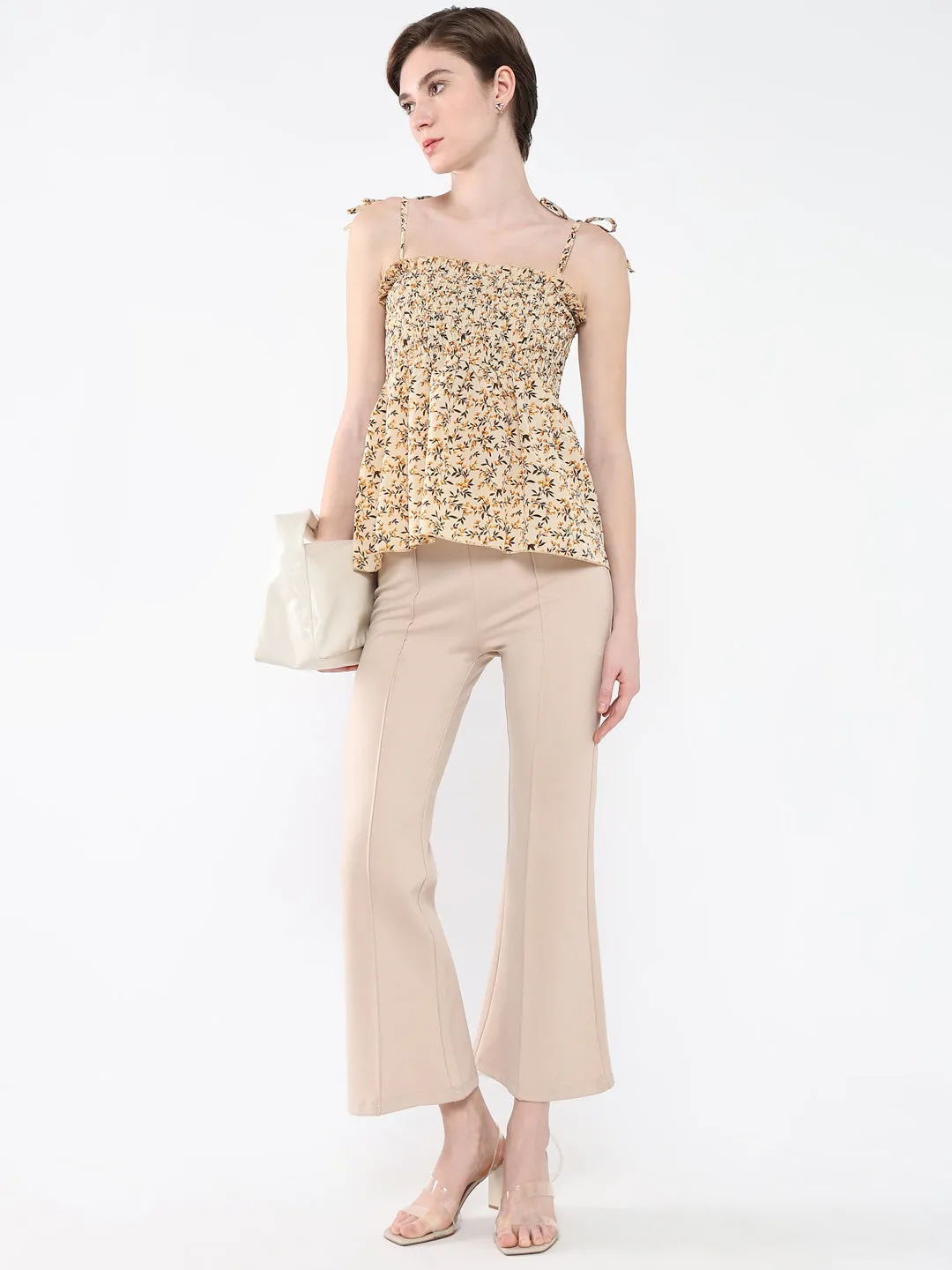 Women Beige Floral Print Smocked Shoulder Strep Peplum Top