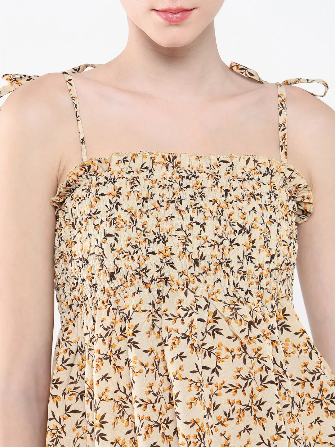 Women Beige Floral Print Smocked Shoulder Strep Peplum Top