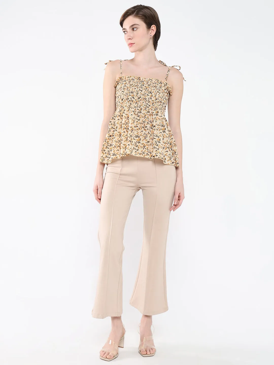 Women Beige Floral Print Smocked Shoulder Strep Peplum Top
