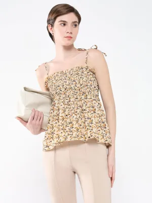 Women Beige Floral Print Smocked Shoulder Strep Peplum Top