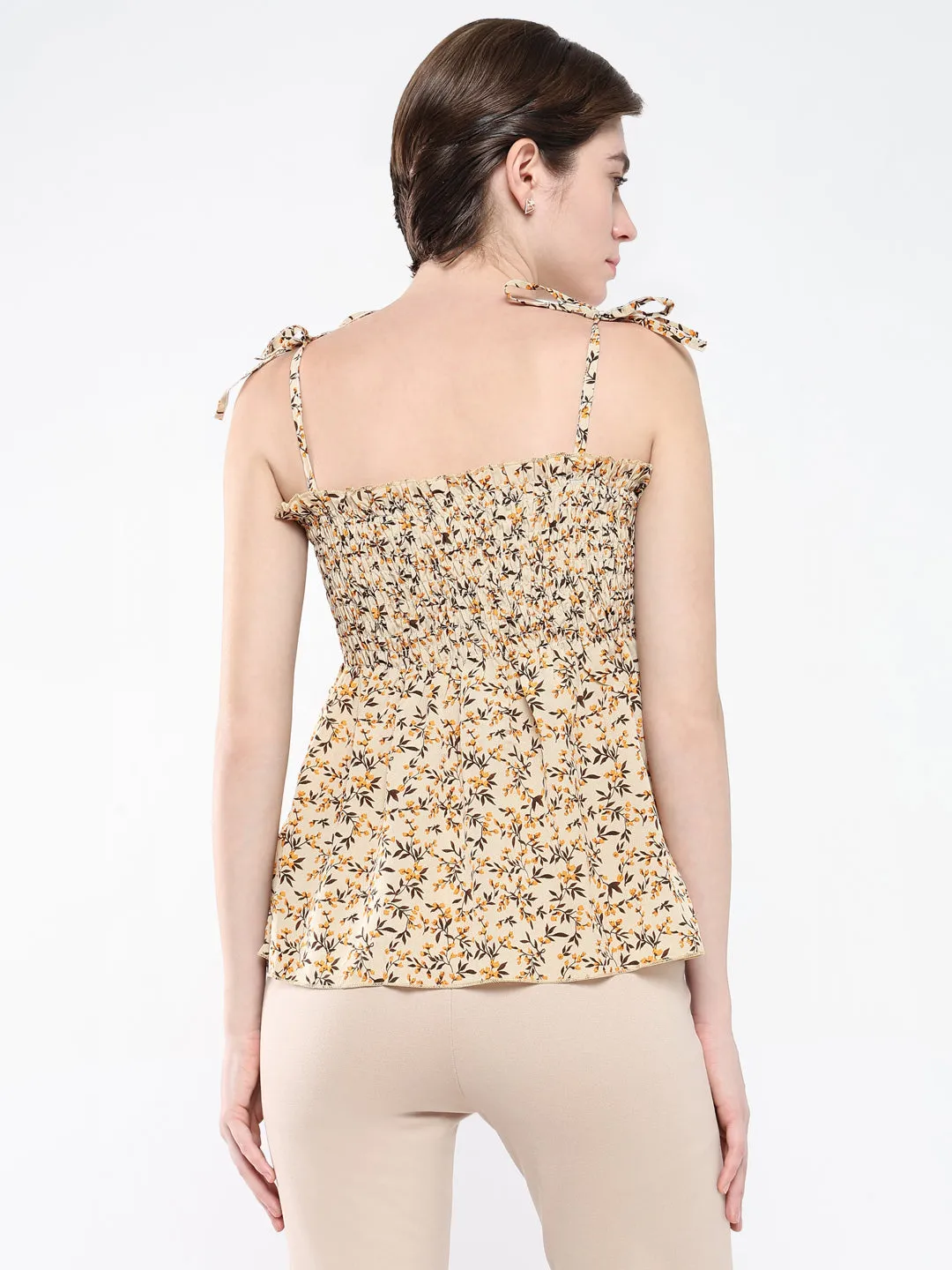 Women Beige Floral Print Smocked Shoulder Strep Peplum Top