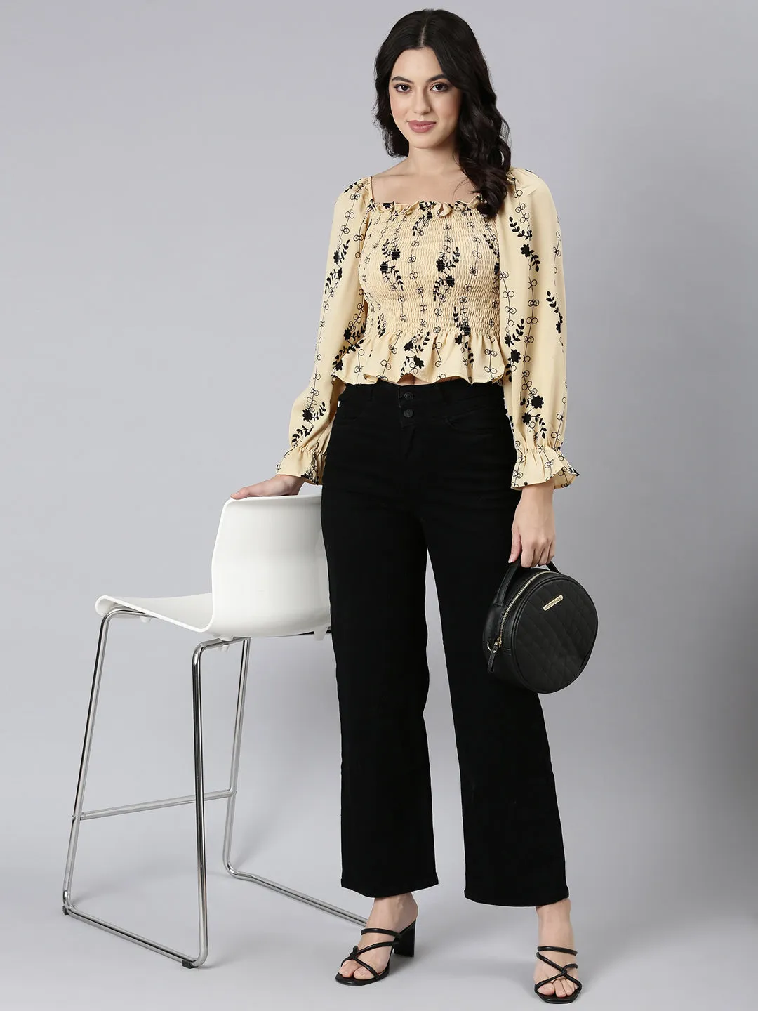 Women Beige Floral Printed Smocking Puff Sleeve Crepe Fitted Crop Top