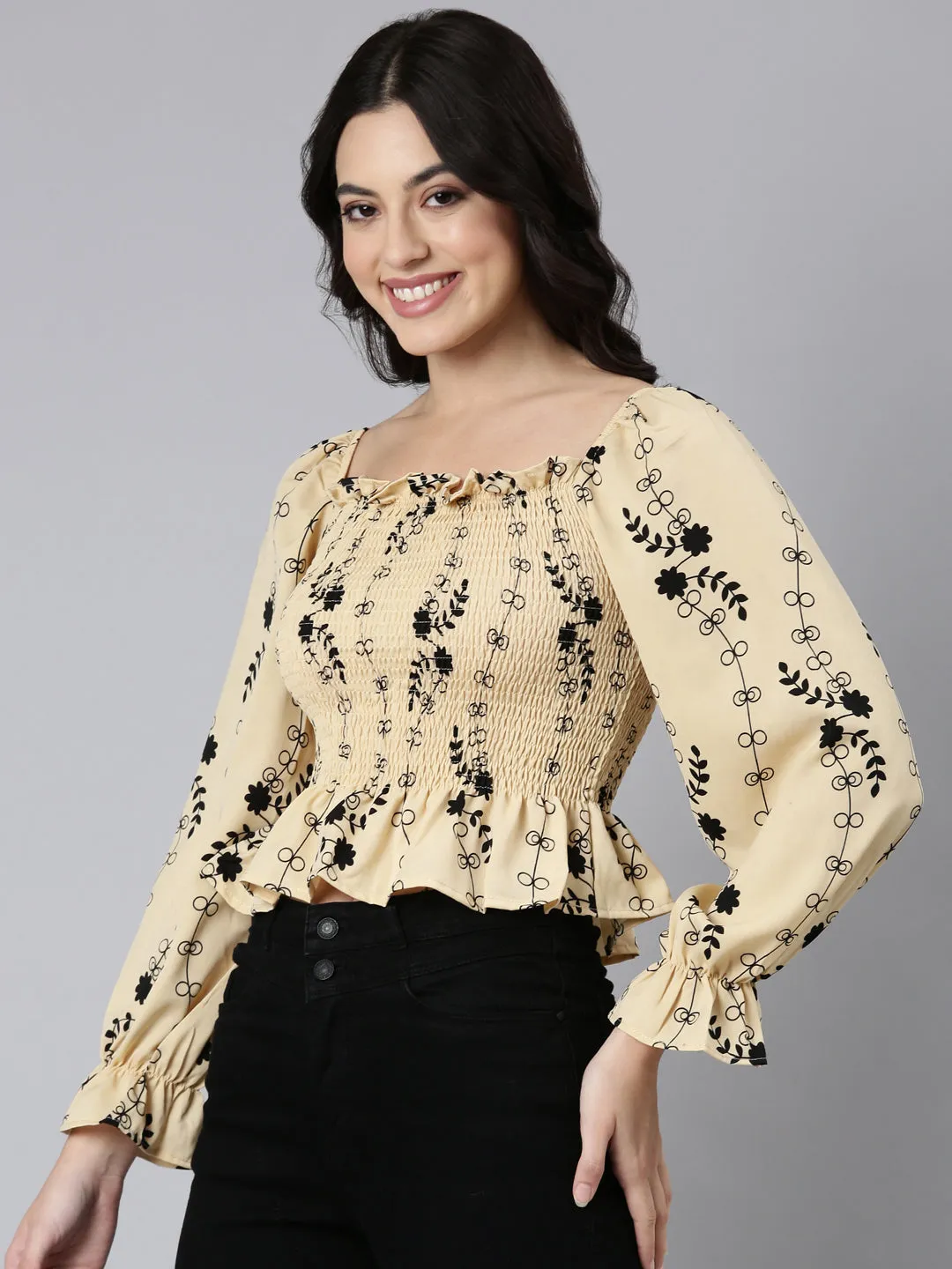 Women Beige Floral Printed Smocking Puff Sleeve Crepe Fitted Crop Top
