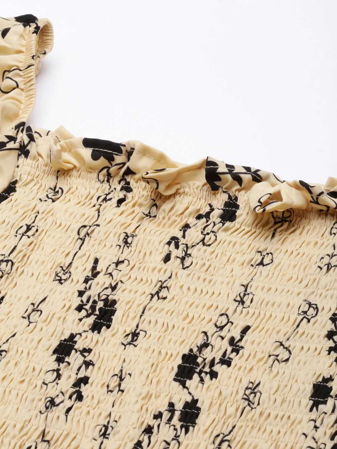 Women Beige Floral Printed Smocking Puff Sleeve Crepe Fitted Crop Top