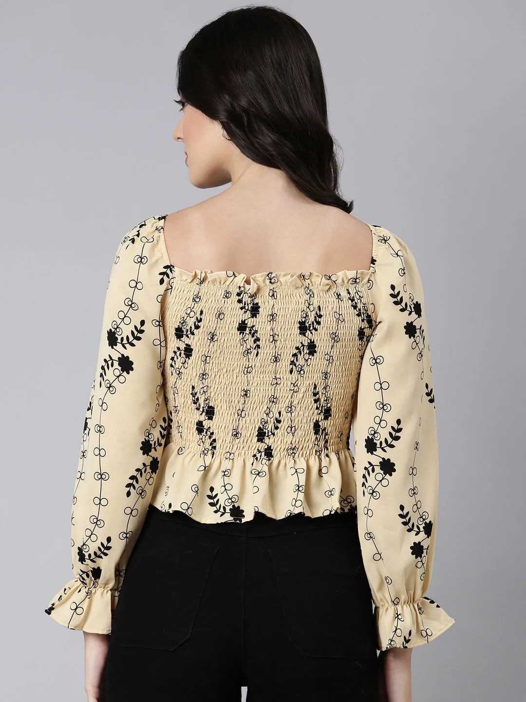 Women Beige Floral Printed Smocking Puff Sleeve Crepe Fitted Crop Top