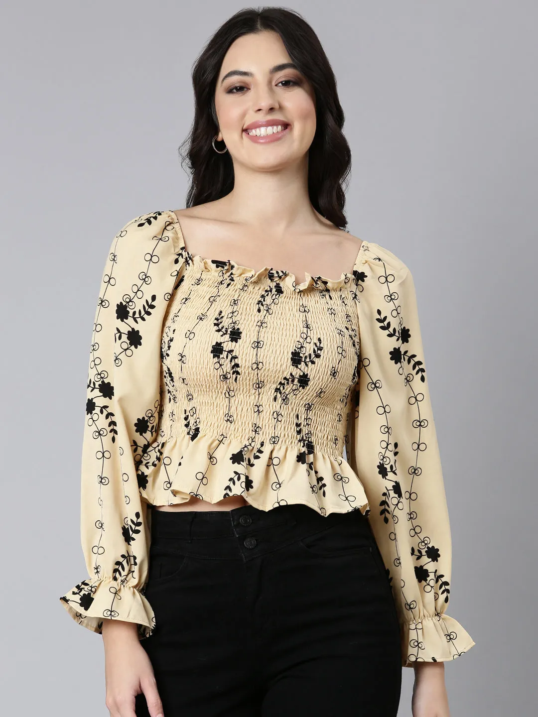 Women Beige Floral Printed Smocking Puff Sleeve Crepe Fitted Crop Top