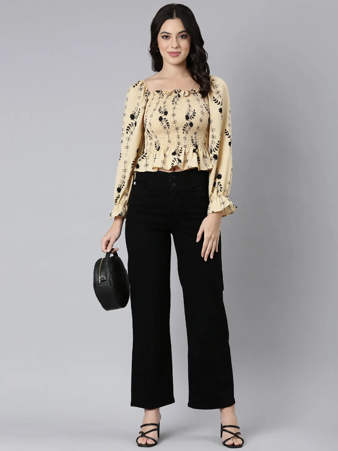 Women Beige Floral Printed Smocking Puff Sleeve Crepe Fitted Crop Top
