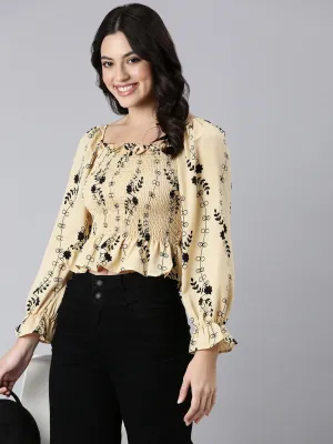 Women Beige Floral Printed Smocking Puff Sleeve Crepe Fitted Crop Top