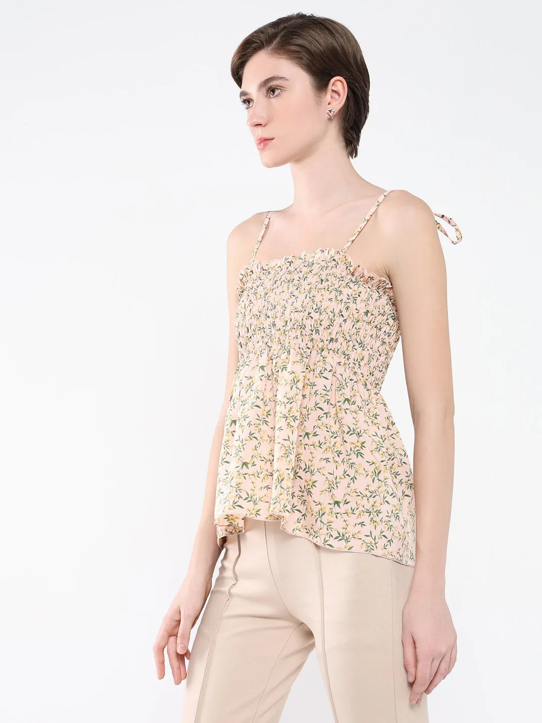 Women Peach Floral Print Shoulder Straps Peplum Top