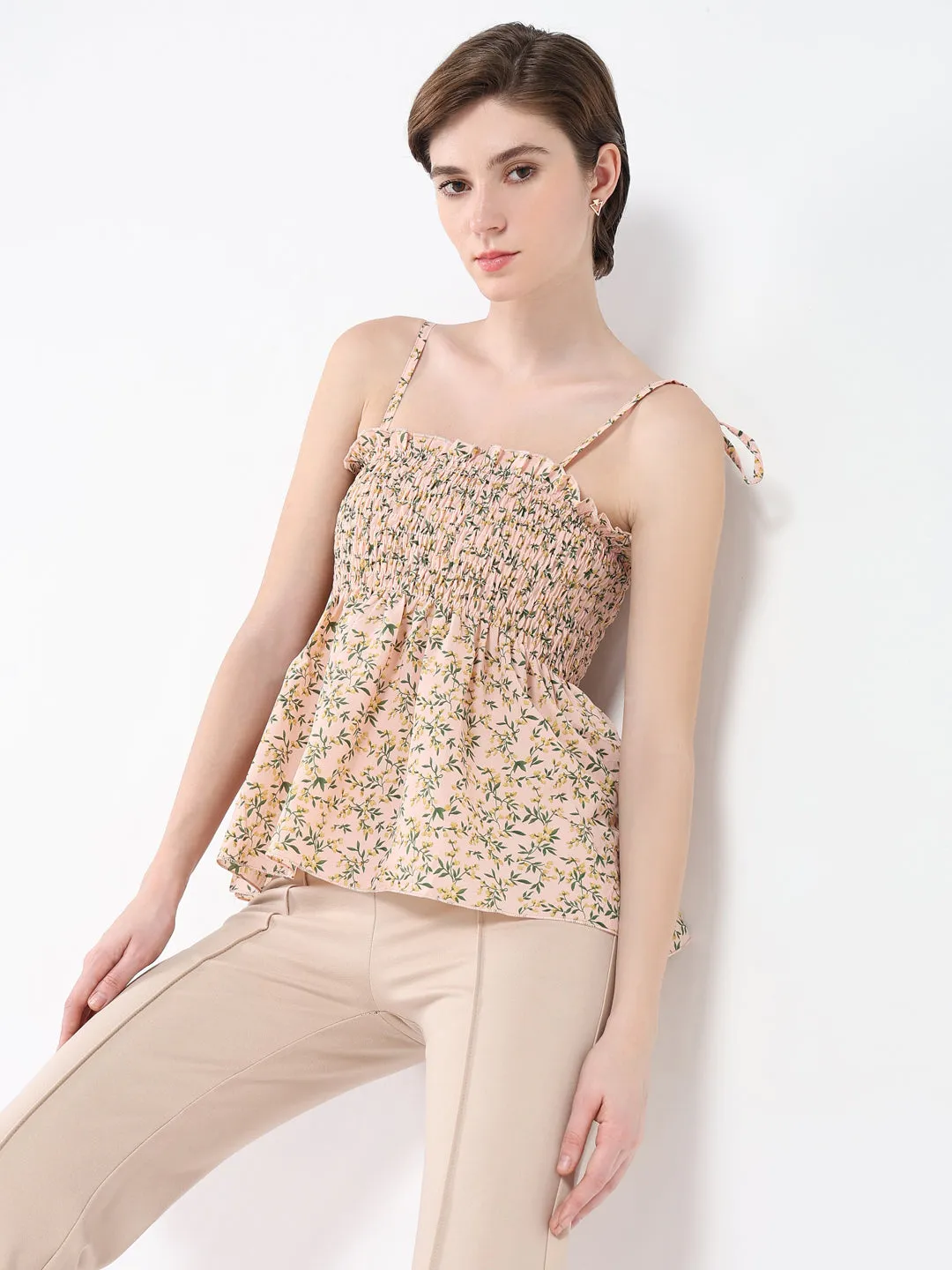 Women Peach Floral Print Shoulder Straps Peplum Top